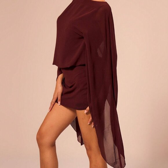 rich brown Party Women's Boat Neck Draped Sleeve Slouch Mini Dress - Picture 3 of 5